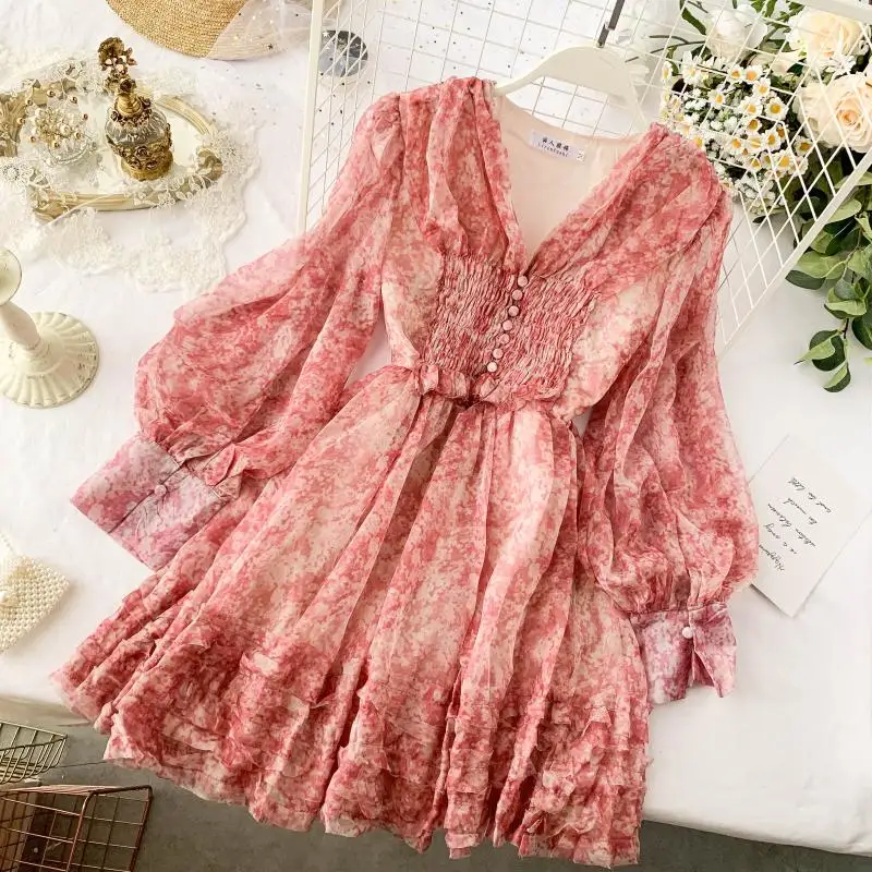 

2019 new fashion women's Chiffon Floral dresses French Vintage Sweet Dress