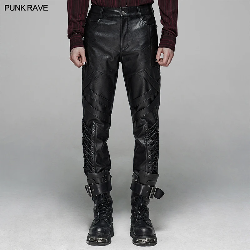 

PUNK RAVE Men's Punk Dark Elastic PU Leather Pants with Bags on Both Sides Gothic Rock Club Fashion Casual Men Trousers Street