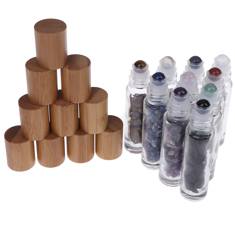 

1pcs Transparent Glass With Bamboo Lid Caps 10ml Natural Gemstones Essential Oil Roller Ball Bottles