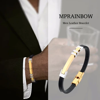 

GENTS STAINLESS STEEL WITH BLACK LEATHER BRACELET FOR MEN WRISTBAND