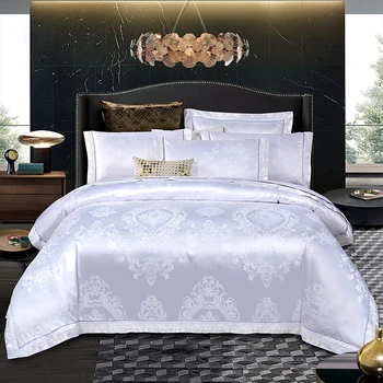 

Luxury European Palace bedding set king size 4pc jacqurd duvet cover set full queen bed sheets sateen tribute silk linens white