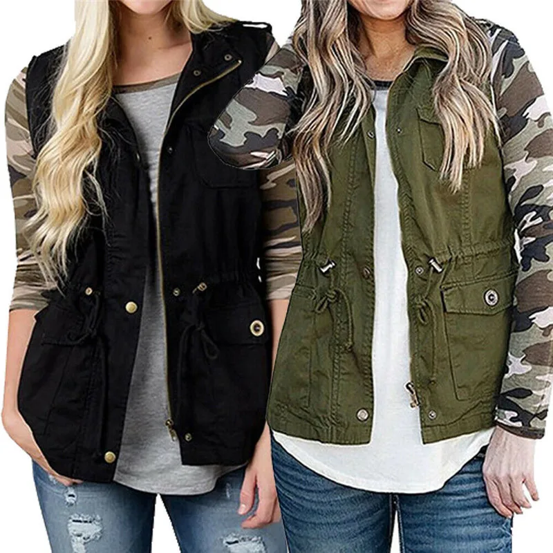 Women Army Green Cargo Vest With 