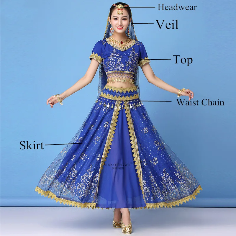 Royal blue 5pcs Индийский Болливуд набор костюма для танца живота танец сари танец живота Болливуд сценическое представление шифон Танец Топ Пояс юбка комплект - Цвет: Royal blue 5pcs