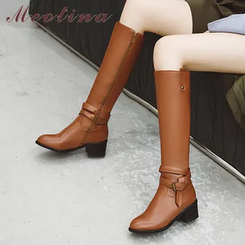 

Meotina Women Boots Winter Knee High Boots Buckle Chunky Heels Riding Boots Zipper Round Toe Shoes Ladies Autumn Big Size 34-43