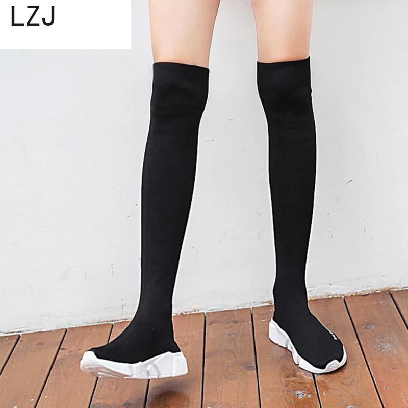 LZJ/эластичные сапоги выше колена; женские носки; черные сапоги; высокие облегающие вязаные сапоги; кроссовки; дизайнерская обувь на платформе