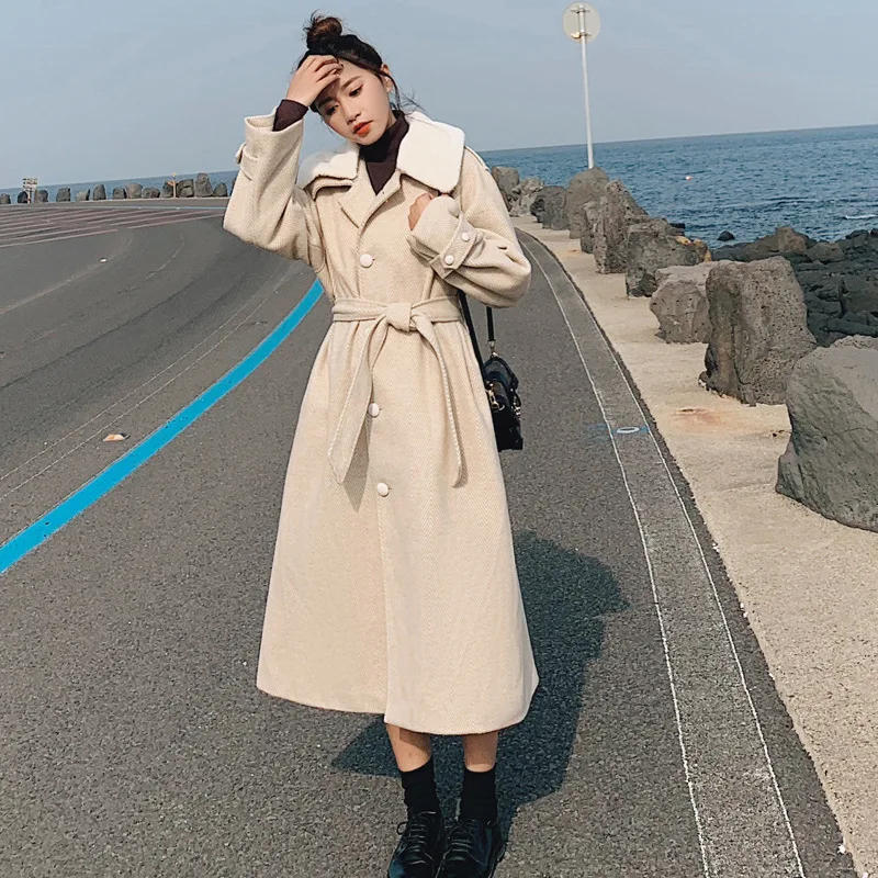 

Woolen Jacket Women's 2019 Autumn And Winter New Style Korean-style Thick Mid-length over-the-Knee Rabbit Fur Collar Hepburn Win