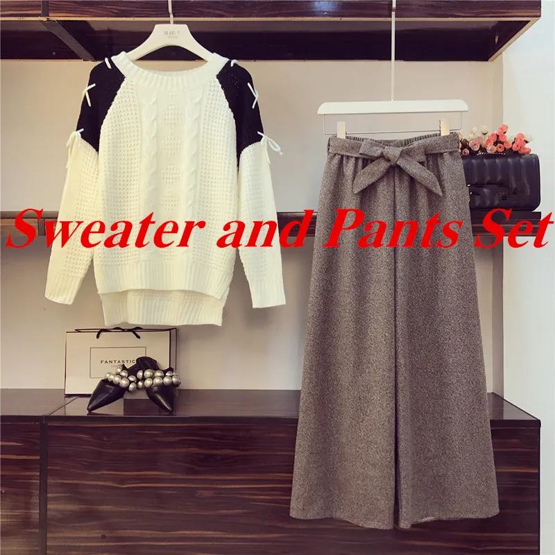 Sweate and Pants Осень новинка зимы с О-образным вырезом, на шнуровке, в стиле пэчворк Цвет вязаный свитер с высоким пояса с галстуком-бабочкой, в клетку, широкие штаны комплект из двух предметов - Цвет: Sweate and Pants