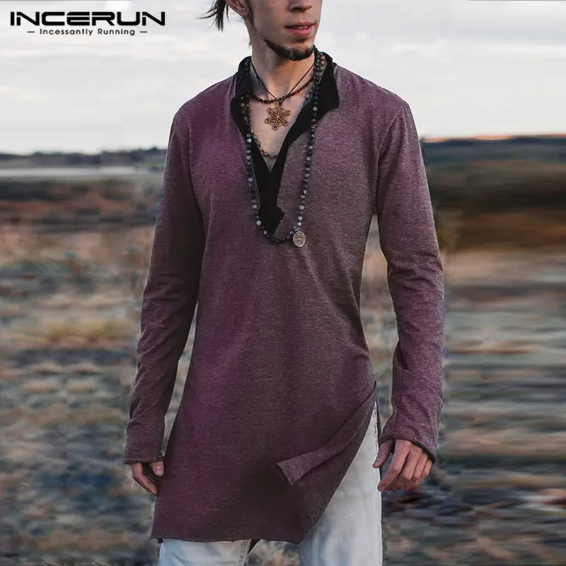 INCERUN 2019 мужская длинная мусульманский с длинным рукавом рубашка с открытым v-образным вырезом новая водолазка модная повседневная