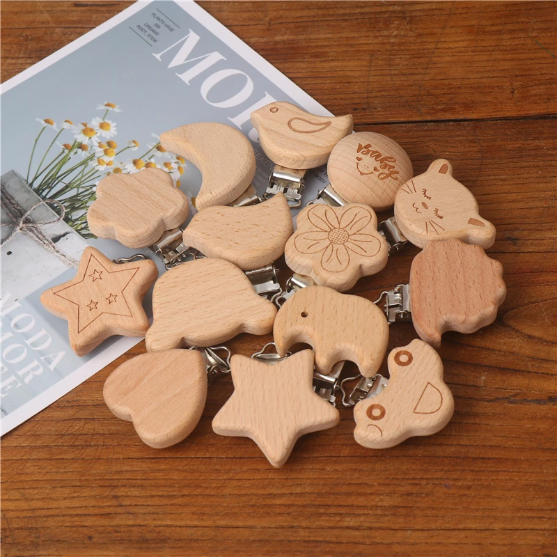 

20Pcs/Lot Food Grade Wooden Cartoon Animal Shape Sucker Safe Beech Teether Pacifier Clip DIY Dummy Chain Clip Accessories