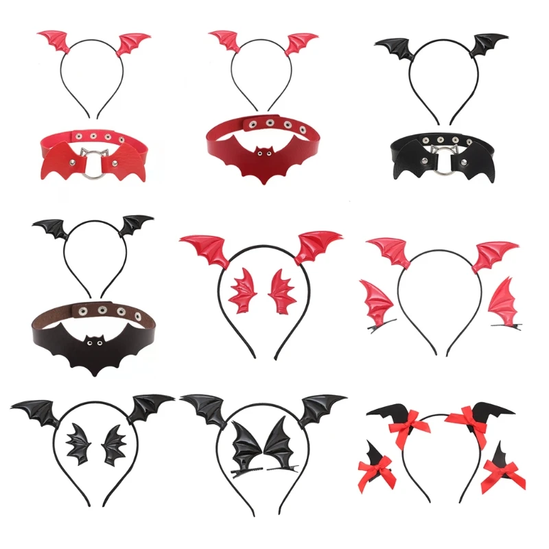 Bat Devil Wing Headband Bat Hair Clips Necklace Set Scary Photo Props Fancy Dress Halloween Cosplay Party Decor anime cosplay props