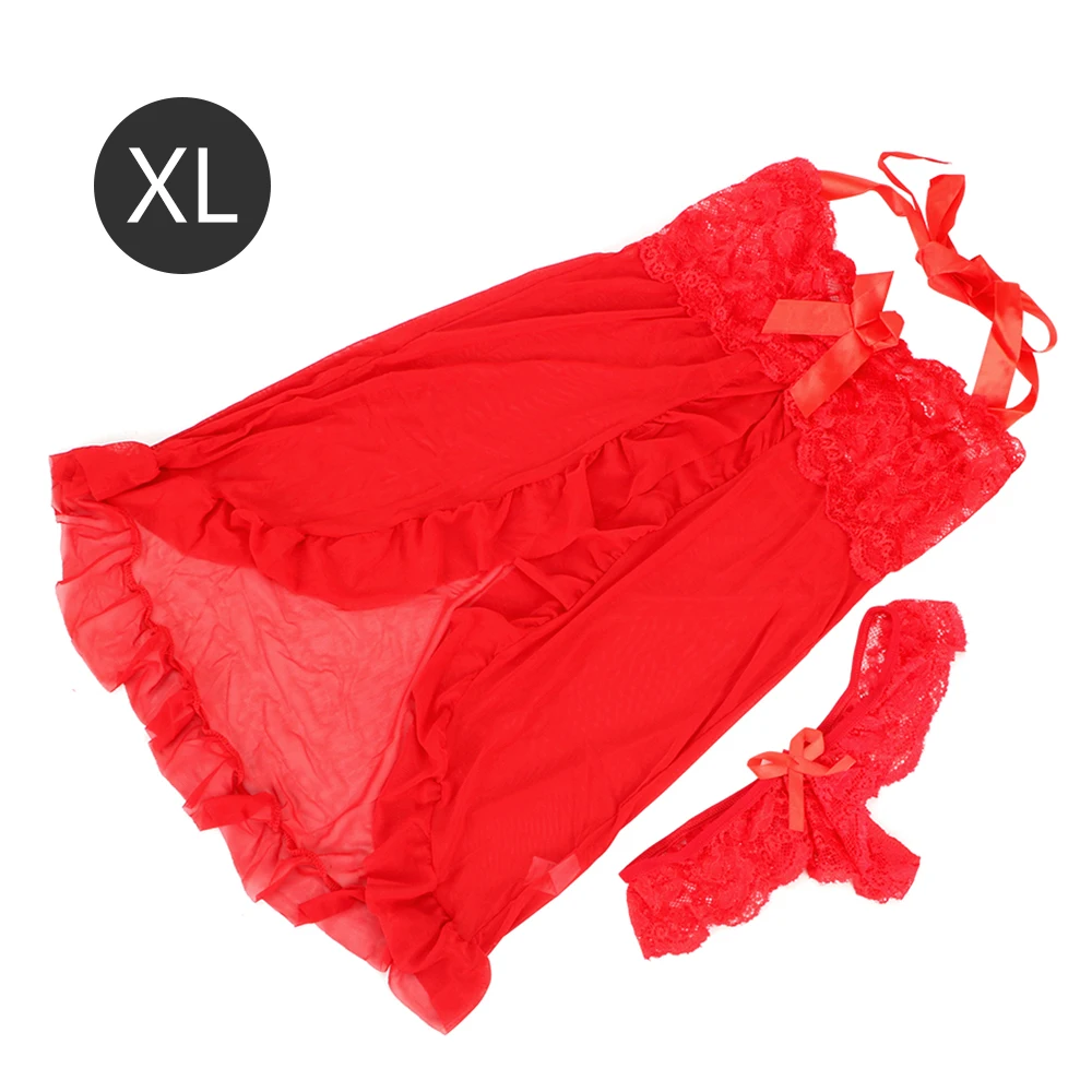 IKOKY кружевная прозрачная одежда для сна эротическая Дамская одежда и стринги комплект сексуальные костюмы униформа соблазнительное сексуальное женское белье - Цвет: Red XL