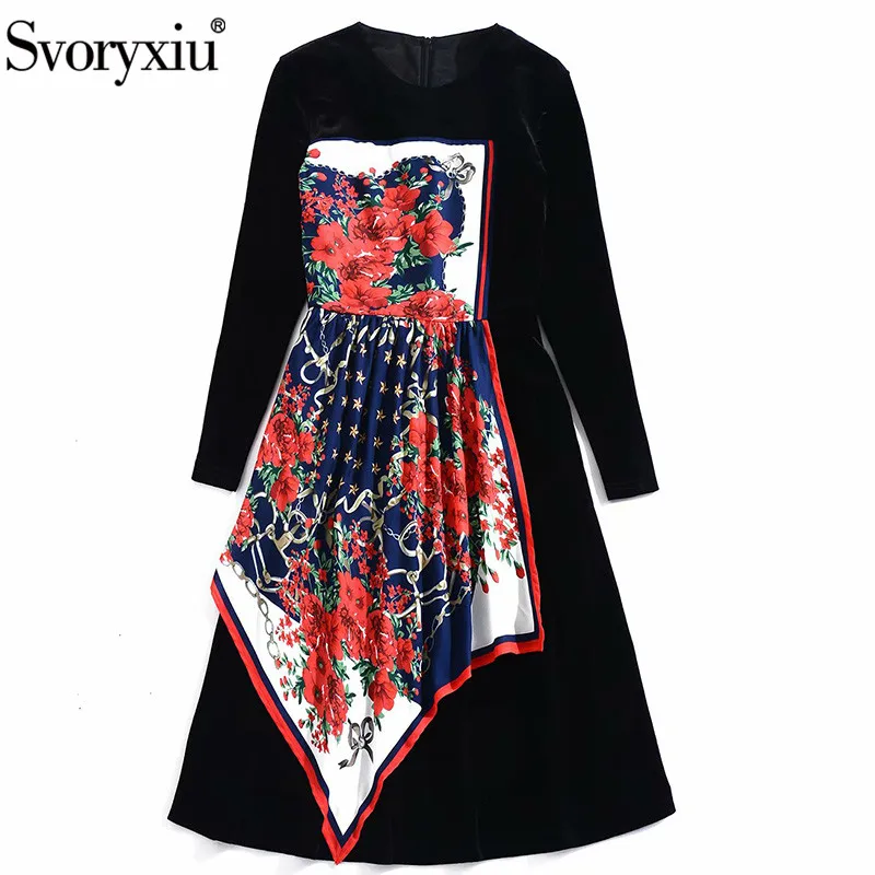 Svoryxiu винтажное черное бархатное лоскутное платье с цветочным принтом на осень и зиму женские модные платья миди с длинным рукавом для подиума