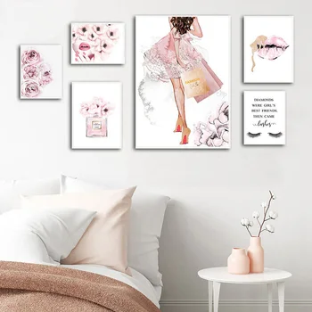 

Pink Flower Perfume Fashion Poster Eyelash Lips Makeup Print Canvas Art Painting Wall Art Picture Modern Girl Room Home Decor
