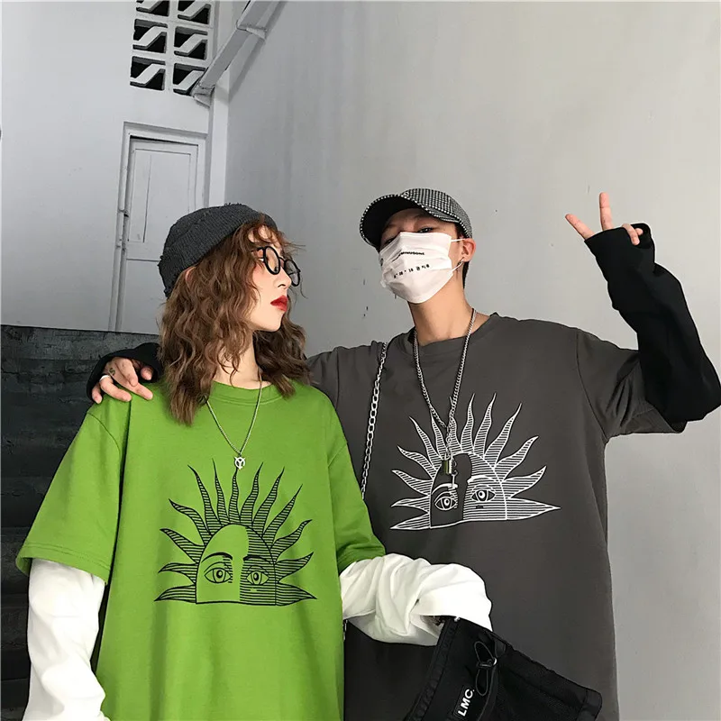 

Lychee Harajuku Patchwork Sun Eye Print Women T Shirt Top Tees Fake 2 Pieces Long Sleeve Women T Shirts Loose Lady T-shirts