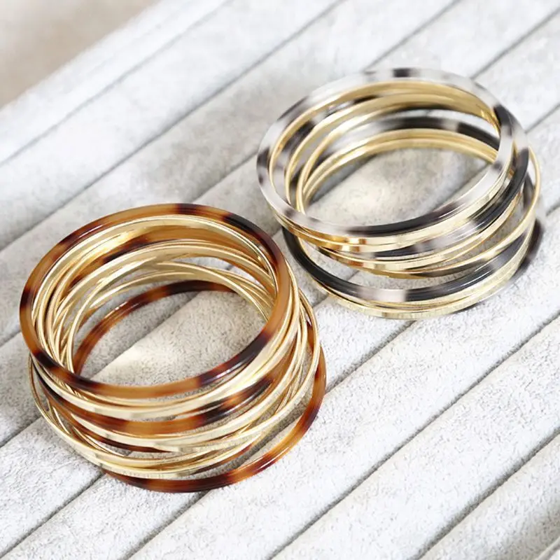 

12 Pcs/Set Round Bangle Acetate Resin Metal Bracelet Women Jewelry Vintage Fashion Charms Acrylic For Women Bracelet