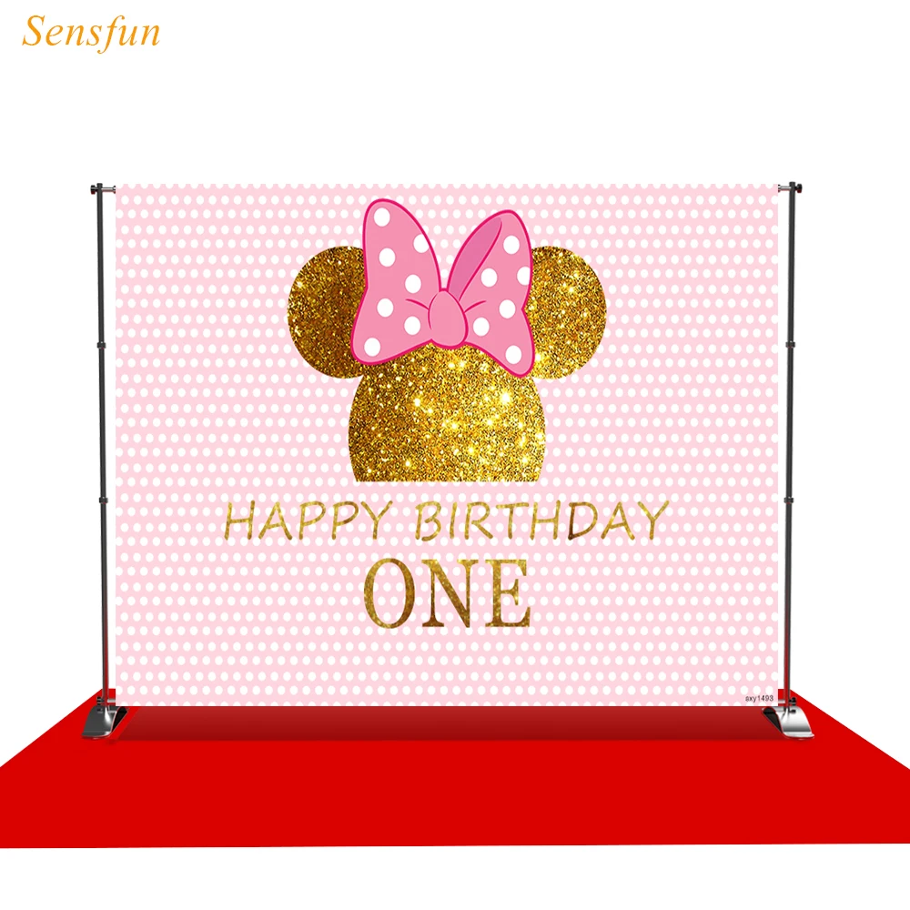 

Sensfun photography background Minnie Bow Cartoon Pink birthday fabric custom shoot prop background photocall photo studio