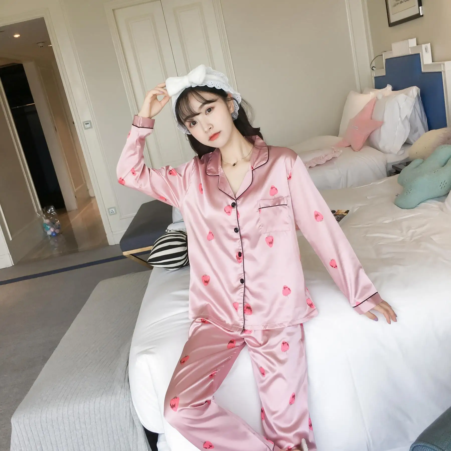 Spring And Autumn Pajamas Long Sleeve GIRL'S Imitated Silk Fabric Fashion Simple Waxberry Open Buckle Plus-sized Trousers Homewe
