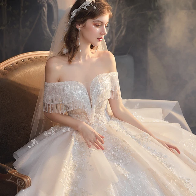 LDR44 Court Off-shoulder Tassel Wedding Dress 2021 New Bridal Tail Transparent Lace V-neck Princess Luxury Elegant Gown 5