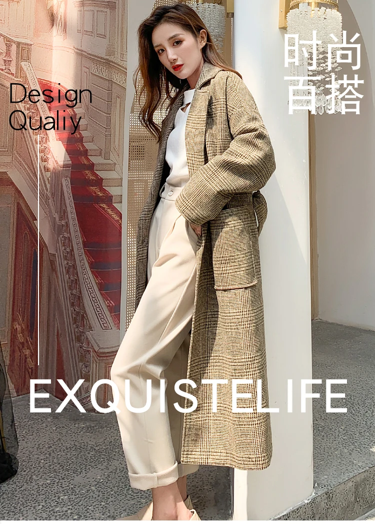 Photo Shoot Fat Mm2019 Autumn And Winter New Style Hepburn Wind Plaid Woolen Long over-the-Knee Retro Belt Woolen Overcoat a