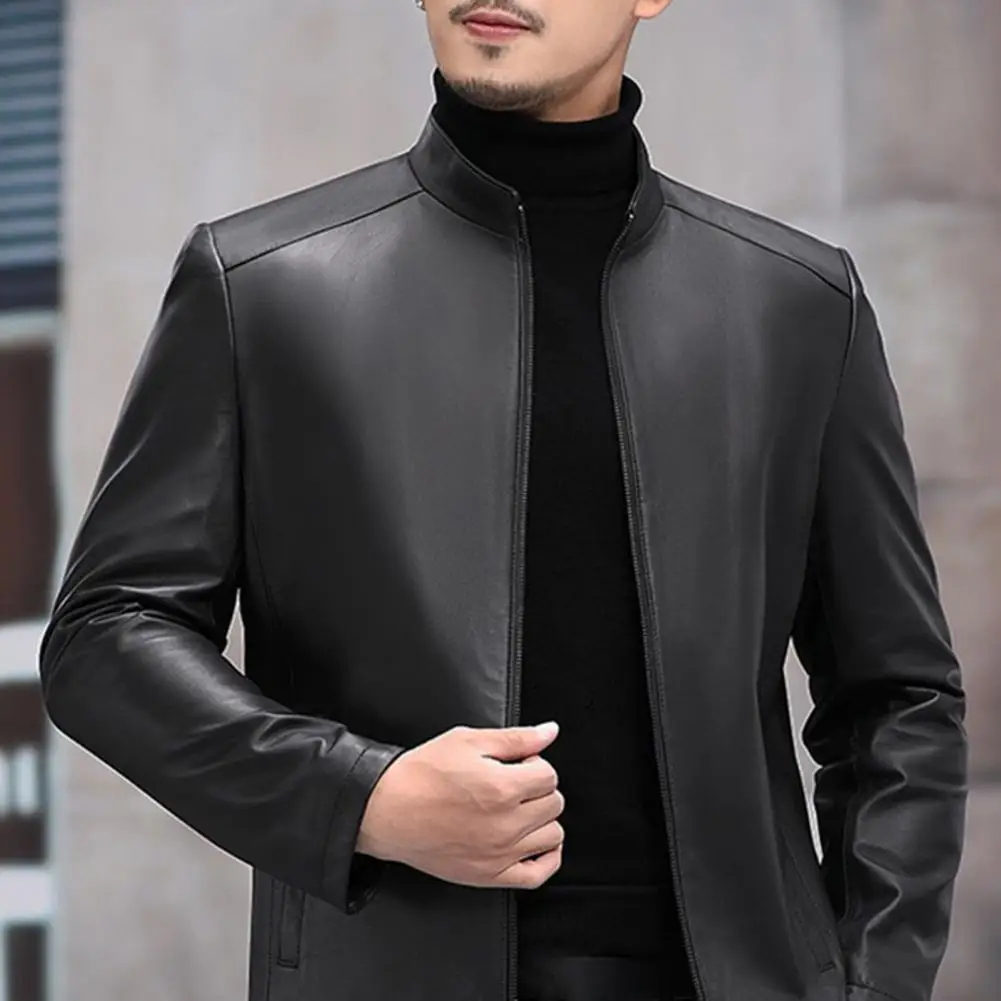 Causal Vintage Faux Leather Jacket Coat Men Spring Outfit Loose Zipper Motor Biker Pocket Solid Men Coat Jacket for Winter