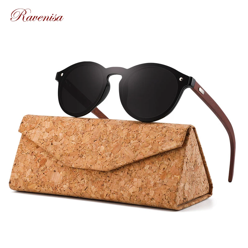 

RAVENISA Vintage Round Wood Sunglasses Mono Green Lenses Sun Glasses For Men Women Wooden Eyewear