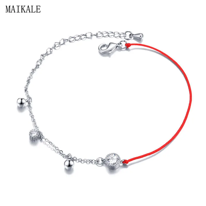 

MAIKALE Simple Red Rope Bracelet with Cubic Zirconia Bead Silver Ball Copper Alloy Chain Handmade Bangles Bracelets for Women