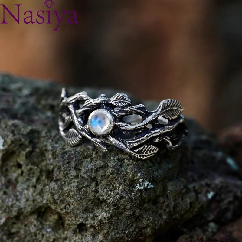 

Creative Moonstone Black Gold Branch Ring Retro Thai Silver Black Leaf Vintage Ring Jewelry For Women Men