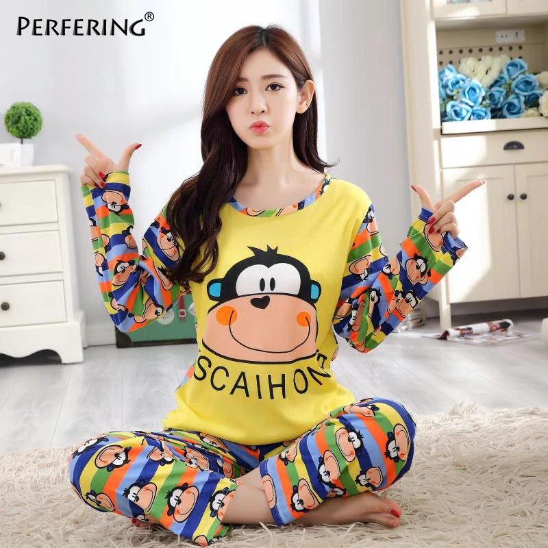 STYLE 9 Perfering розовый пижамный комплект для женщин осень Новая Домашняя одежда Хлопок мультфильм рубашка+ длинные брюки 2 шт. милые пижамы для женщин - Цвет: STYLE 9