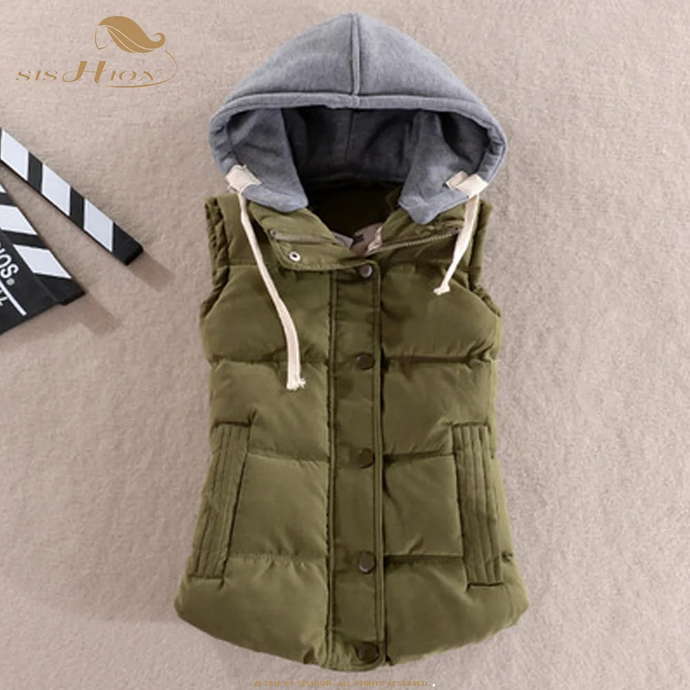 Army green SISHION 4XL размера плюс зимний женский хлопковый жилет с капюшоном тонкий карамельный цвет Спортивный Повседневный жилет женский SP0650 - Цвет: Army green