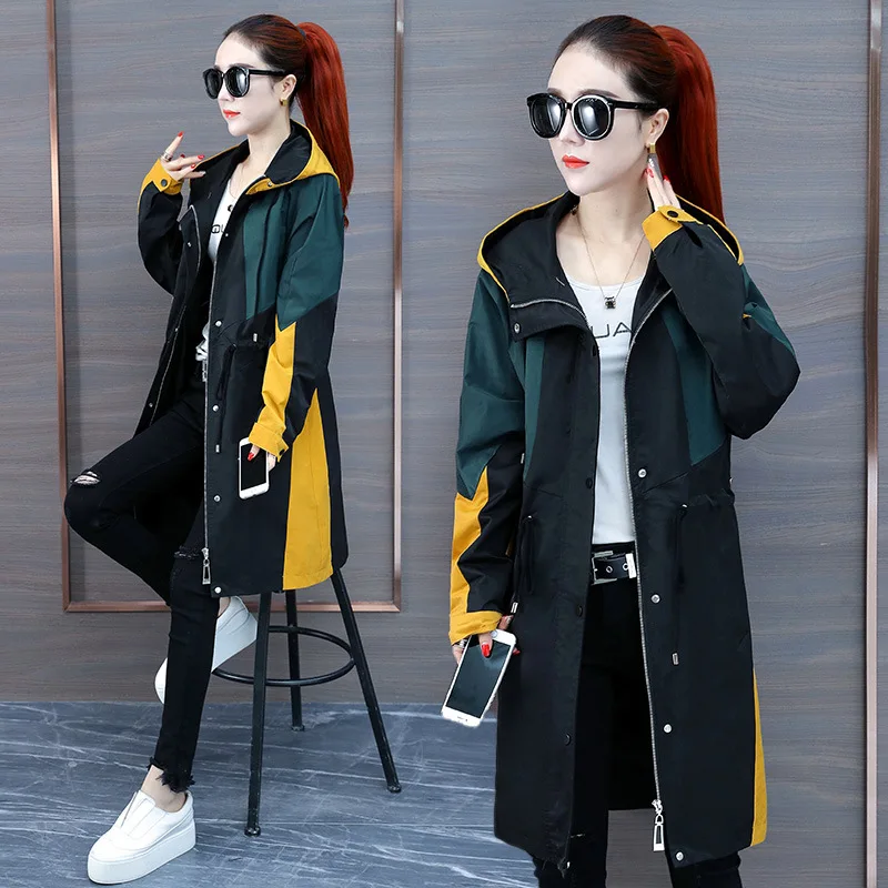 

Early Autumn New Style 2019 Korean-style Mid-length Waist Hugging Slimming Contrast Color Mixed Colors Jacket Hooded Trench Coat