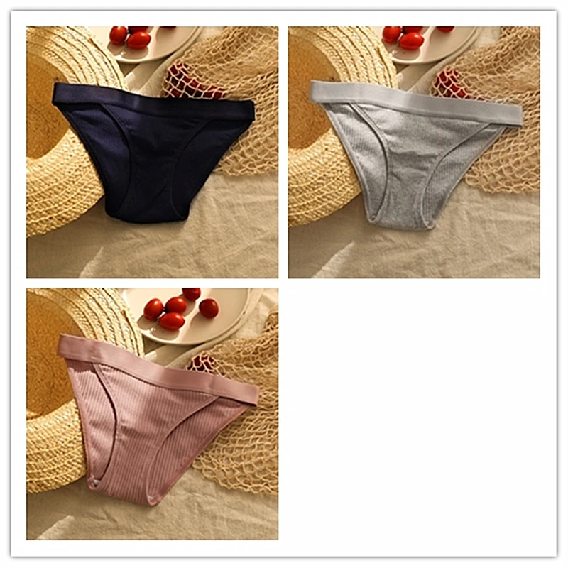 Blue Pink Gray 3 шт., модные хлопковые трусы, сексуальные трусики для женщин, бесшовные трусики, бикини, стринги, женское нижнее белье, низкая посадка, дамское нижнее белье, однотонное - Цвет: Blue Pink Gray