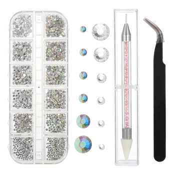 

1Set AB Acrylic Diamond Nail Glitter Nail Rhinestones Crystal DIY Nail art decorations Manicure tools With Picking Pen Tweezers