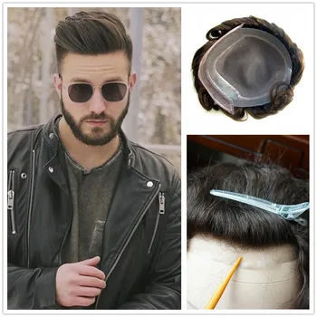 

Hstonir Men Hair Toupee Mono Lace Top Swiss Lace Frontal Pu Coated Indian Remy Hair Hairpiece H046