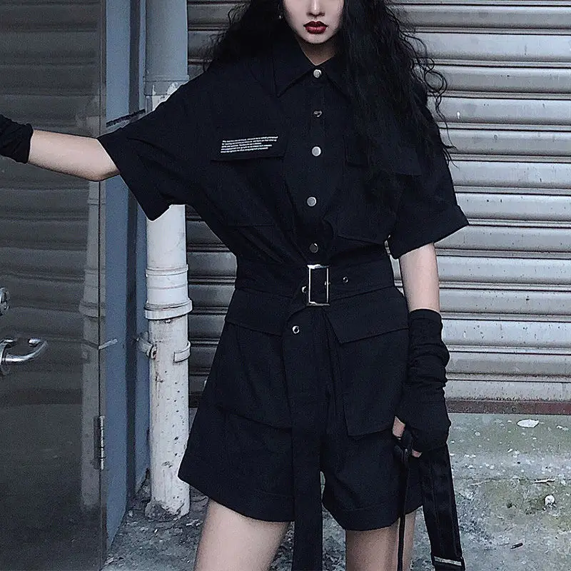 Fashion tooling jumpsuit female summer 2020 new Solid black high waist short sleeved bodysuit wide leg shorts suits ropa mujer Fashion tooling jumpsuit female summer 2020 new Solid black high waist short sleeved bodysuit wide leg shorts suits ropa mujer