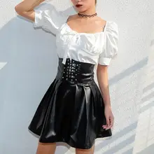 Элегантная сексуальная кожаная женская мини-юбка, модная однотонная женская плиссированная короткая юбка со шнуровкой и высокой талией, эластичная Милая Светоотражающая юбка