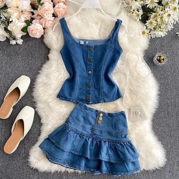 

2020 Sweet Fashion New Denim Camisole+Ruffled Skirt Pants Wash Water Sexy Denim Suit Summer Slothes For Women Two Piece Set