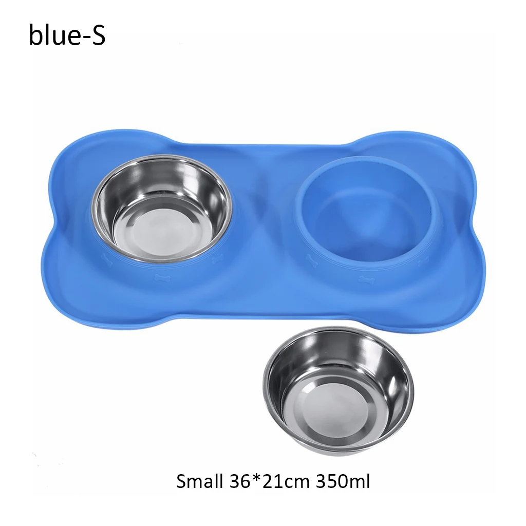 blue Миска для кошек из нержавеющей стали, миска для собак, силиконовая кость, двойная миска для собак, водонепроницаемая Нескользящая силиконовая накладка, кормушка, миска для домашних животных, собак - Цвет: blue