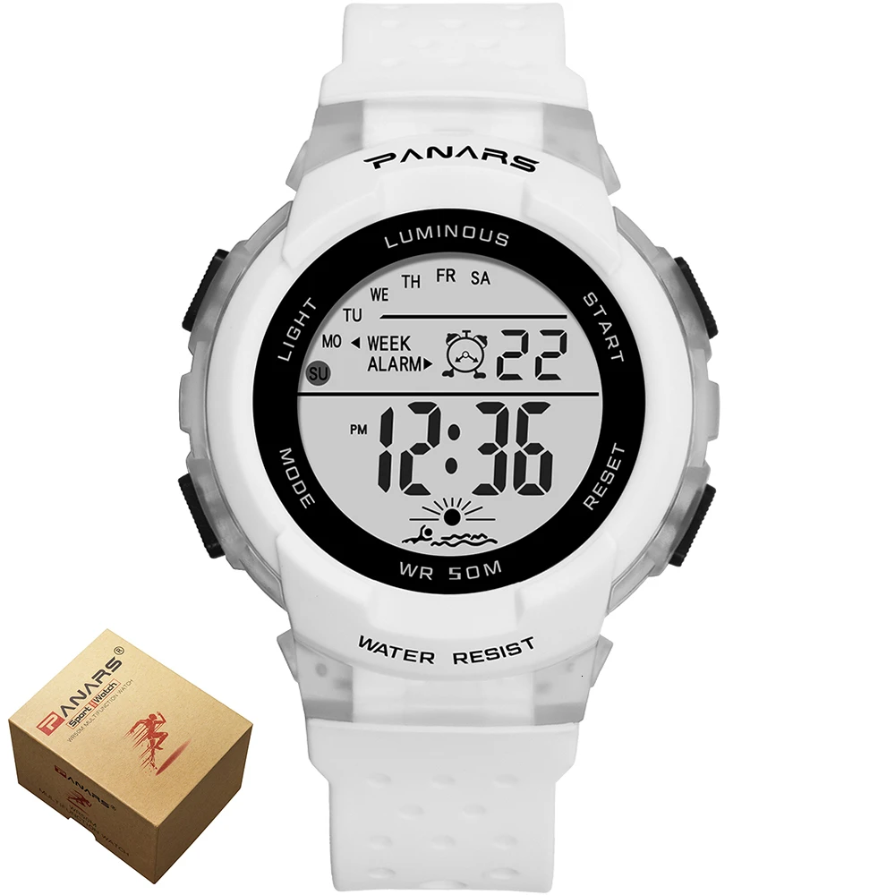 White with box PANARS спортивные часы для детей, детские электронные часы, цветной светодиодный ночник, водонепроницаемые наручные часы для маленьких мальчиков, подарки для девочек - Цвет: White with box