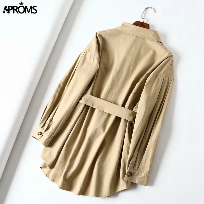 Aproms хаки, хлопковое свободное платье-рубашка, женское осеннее платье с длинным рукавом, стильное Короткое мини-платье, женское уличное платье с поясом