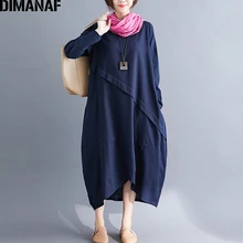 DIMANAF Women Dress Vintage Plus Size Autumn Vestidos Cotton Linen Spliced Solid Female Elegnat Lady Long Sleeve Dress Clothing