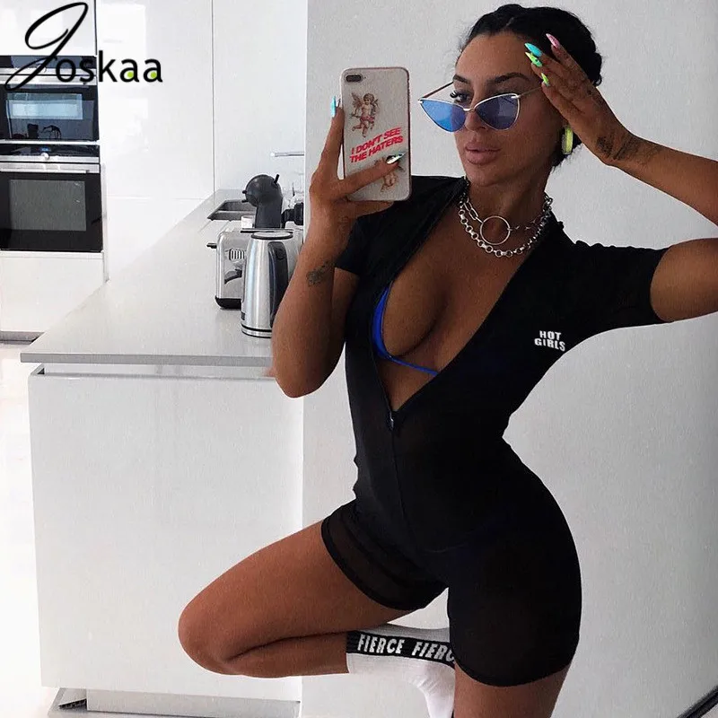 Joskaa сетчатый просвечивающий клубный комбинезон женский короткий рукав с буквенным принтом сексуальный черный бандажный комбинезон летний короткий Облегающий комбинезон на молнии
