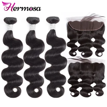 

Hermosa Hair Brazilian Body Wave 3 Bundles With Frontal Human Hair Weave Bundles 13x4 Lace Frontal With Bundles Free Part Remy