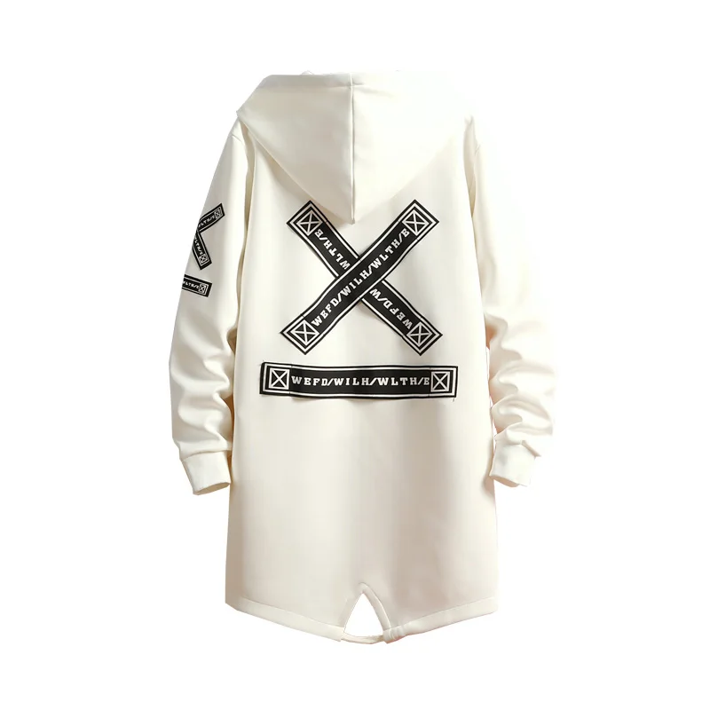 2021 Autumn Men Hooded Jackets Print Harajuku Windbreaker Ribbon Overcoat Male Casual Outwear Hip Hop Streetwear Coats LBZ155