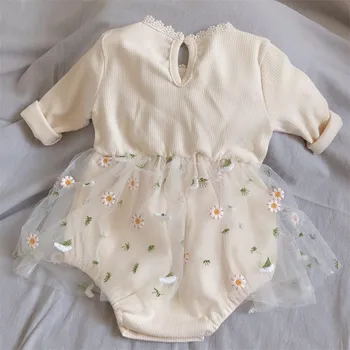 

Soft breathable romper baby girls long sleeve jumpsuit infant kids bodysuit toddler baby daisy embroidery tulle tutu dress girls
