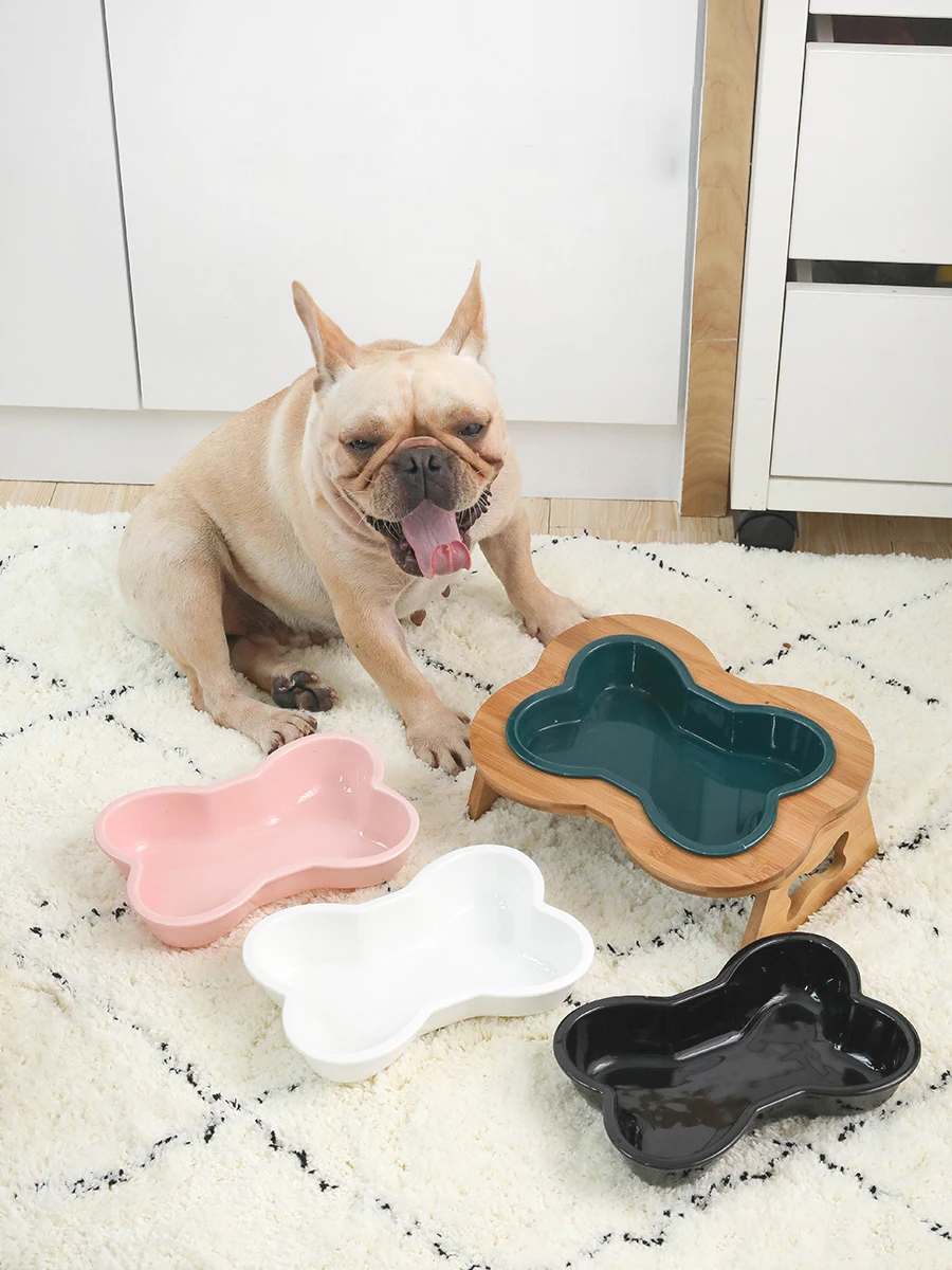

Ceramics Pet Dog Cat Water Eating Bowl For Small Large Dogs Puppy Cat Drinking Feeder Pet Supplies Bone Shape With Wooden Stand