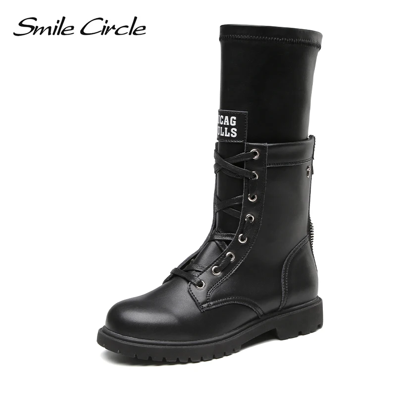 

Smile Circle Short boots Women flat Platform shoes Genuine Leather fashion Lace-up Low heel Round toe Ladies boots 2019 Autumn