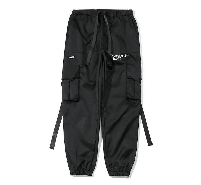 Уличная Повседневная шаровары, штаны для бега мужские боковые карманы ленты хип-хоп спортивные брюки мужские черные брюки длиной до щиколотки мужские