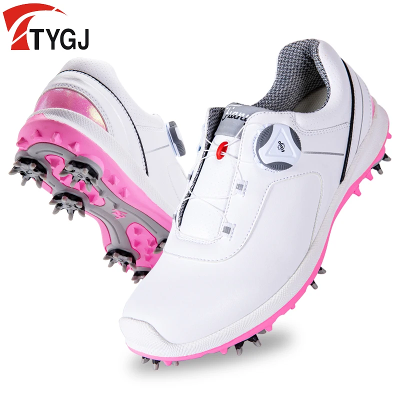 

TTYGJ Golf Shoes Women's Waterproof Sports Swivel Buckle Shoelaces Non-slip Activity Spikes Casual Pearl Powder Shoes