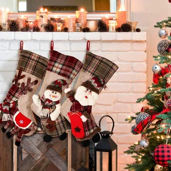 

Christmas Stockings Christmas Plaid Burlap Gift Box Christmas Tree Decoration New Year Gift Candy Bag Christmas Fireplace Decora