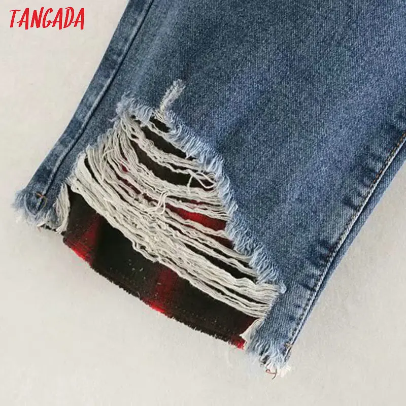 Tangada Модные женские красные клетчатые Лоскутные рваные джинсы джинсовые штаны с карманами и дырками женская повседневная одежда женские шикарные брюки 4M101